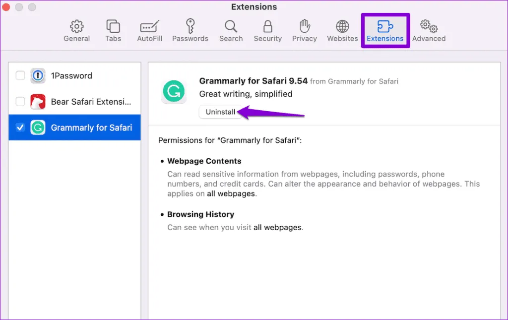 Eliminar la extensión Grammarly de Safari en Mac