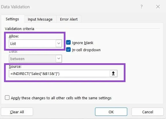 Data Validation from a Table via INDIRECT 3