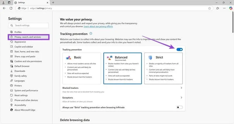 Deshabilitar el seguimiento de datos en Edge Paso 2