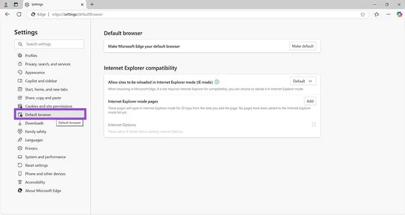 Acceder a la configuración predeterminada del navegador